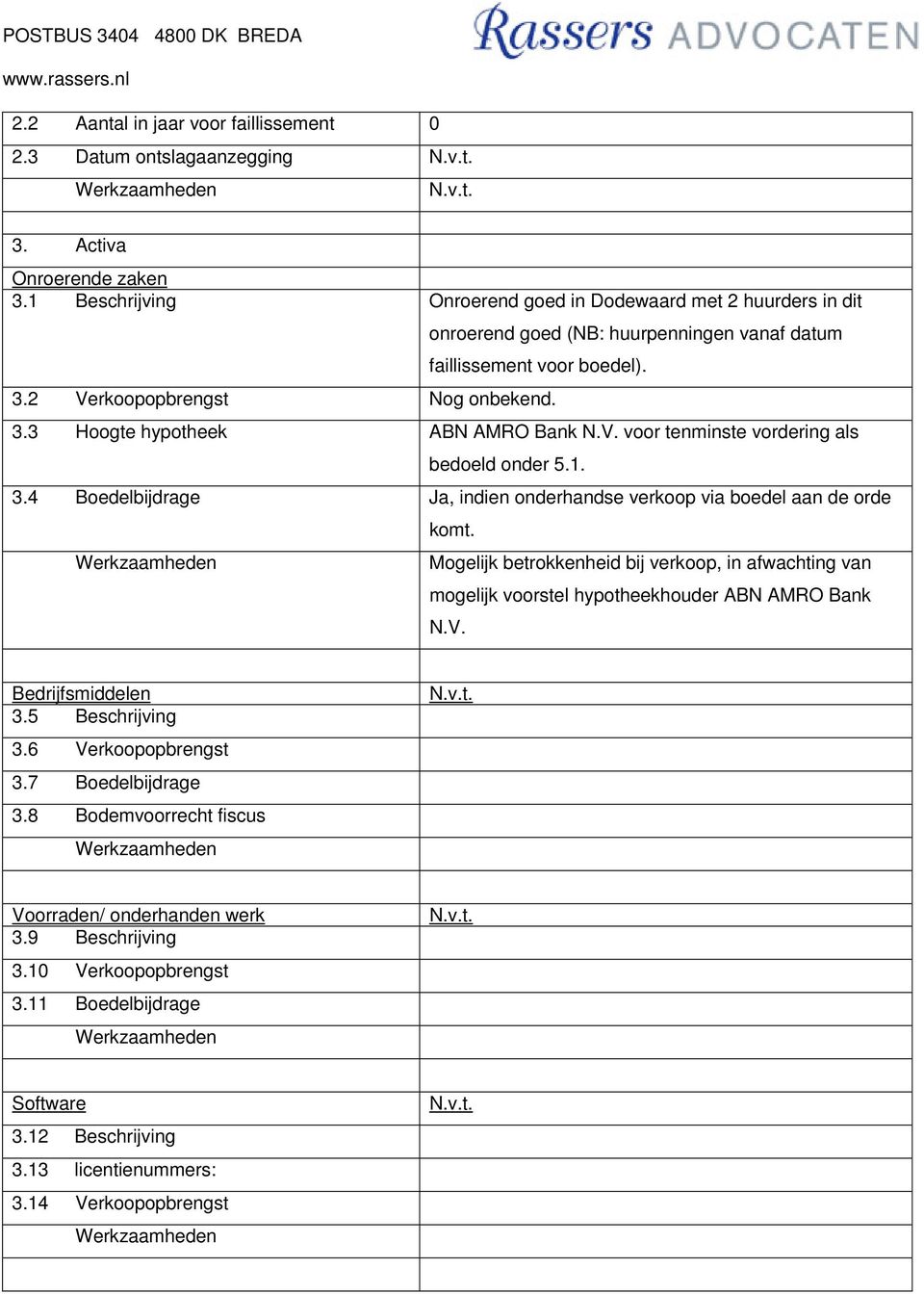 V. voor tenminste vordering als bedoeld onder 5.1. 3.4 Boedelbijdrage Ja, indien onderhandse verkoop via boedel aan de orde komt.