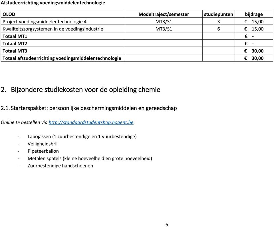 Bijzondere studiekosten voor de opleiding chemie 2.1.