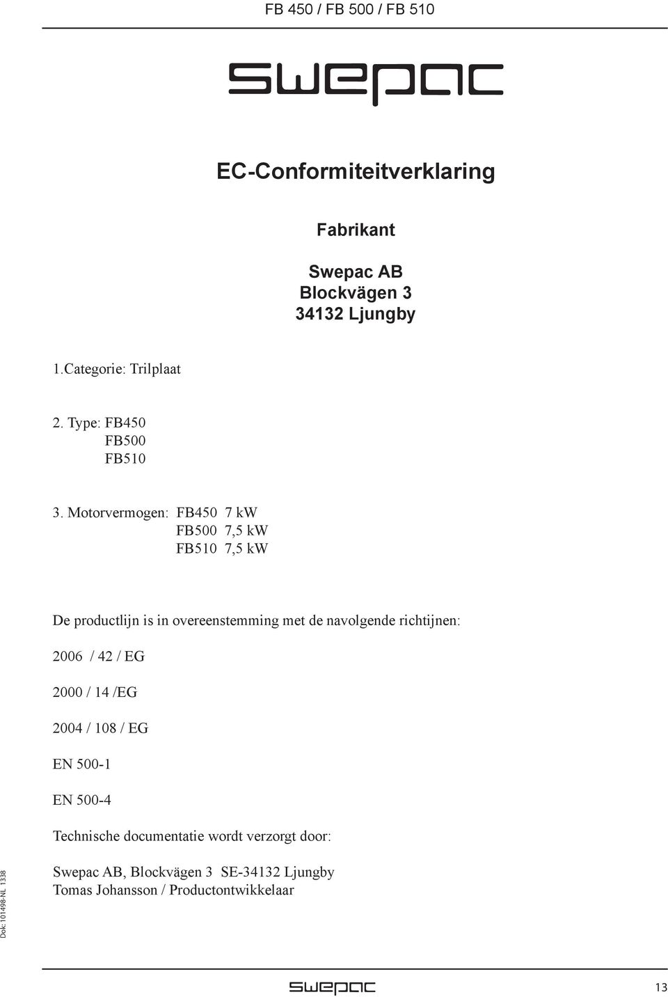 Motorvermogen: FB450 7 kw FB500 7,5 kw FB510 7,5 kw De productlijn is in overeenstemming met de navolgende