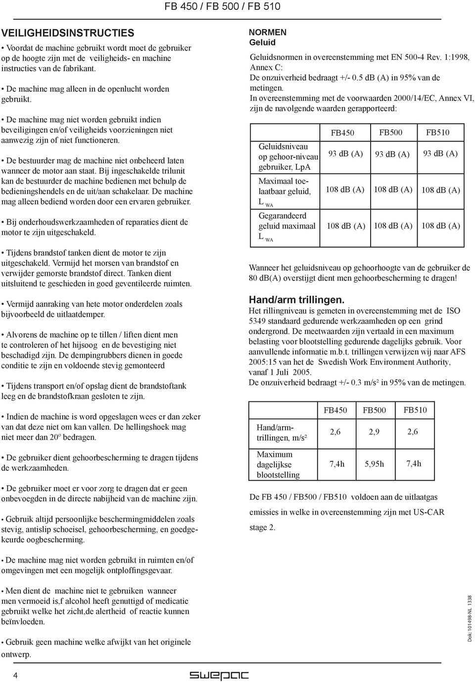 De bestuurder mag de machine niet onbeheerd laten wanneer de motor aan staat. Bij ingeschakelde trilunit kan de bestuurder de machine bedienen met behulp de bedieningshendels en de uit/aan schakelaar.