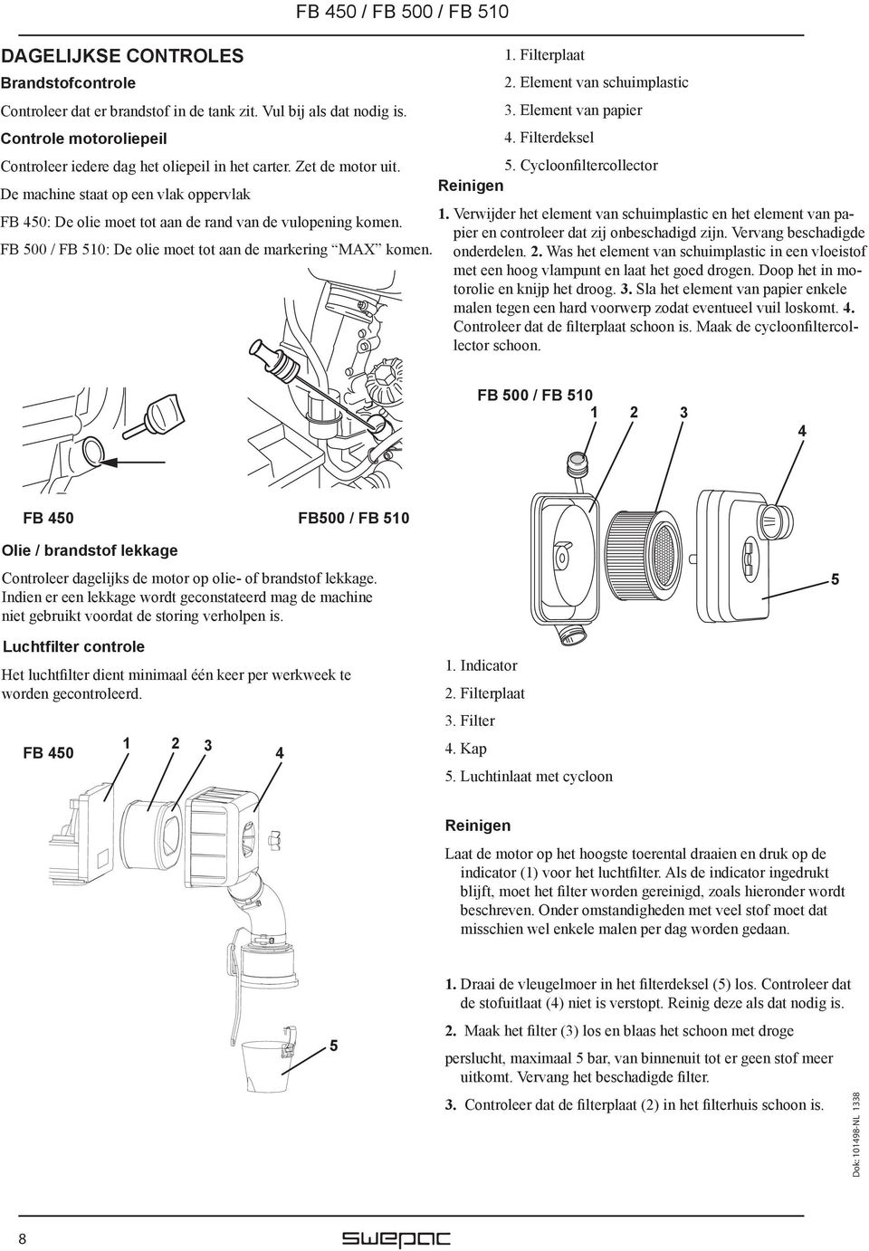 FB 500 / FB 510: De olie moet tot aan de markering MAX komen. 1. Filterplaat 2. Element van schuimplastic 3. Element van papier 4. Filterdeksel 5. Cycloonfiltercollector Reinigen 1.