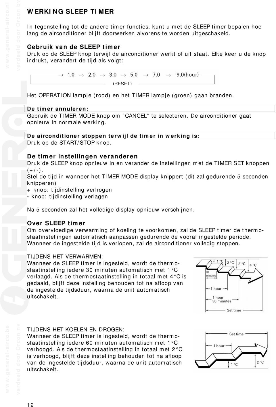 Elke keer u de knop indrukt, verandert de tijd als volgt: Het OPERATION lampje (rood) en het TIMER lampje (groen) gaan branden. De timer annuleren: Gebruik de TIMER MODE knop om CANCEL te selecteren.