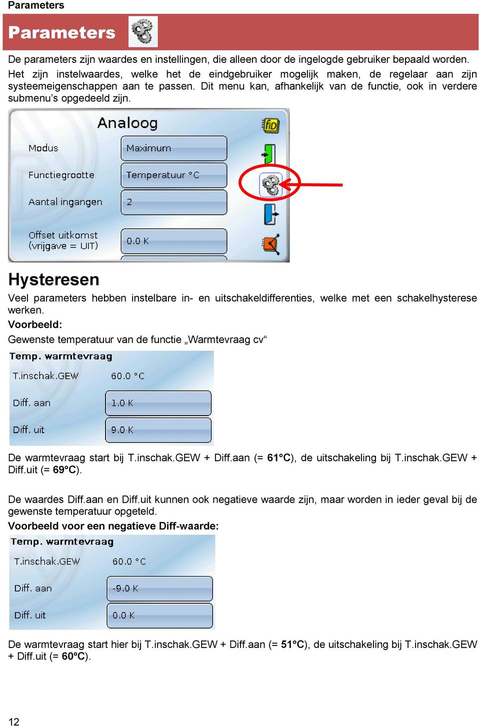 Dit menu kan, afhankelijk van de functie, ook in verdere submenu s opgedeeld zijn. Hysteresen Veel parameters hebben instelbare in- en uitschakeldifferenties, welke met een schakelhysterese werken.