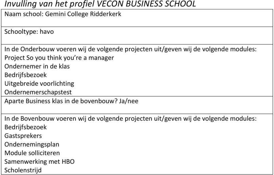 re a manager Ondernemingsplan Module