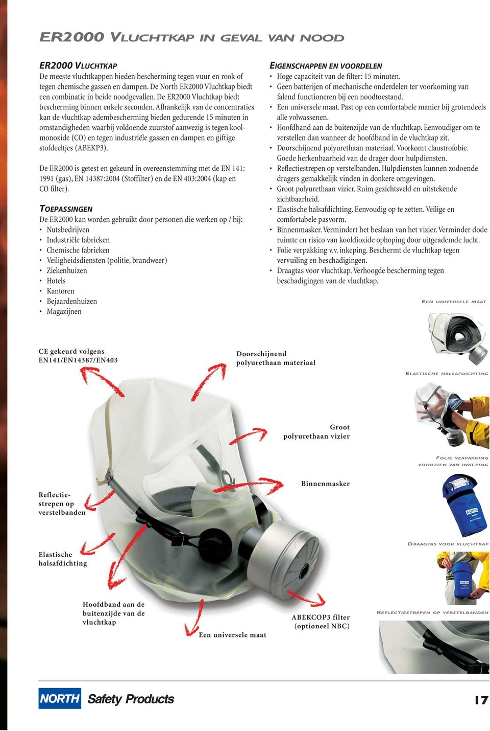 fhankelijk van de concentraties kan de vluchtkap adembescherming bieden gedurende 15 minuten in omstandigheden waarbij voldoende zuurstof aanwezig is tegen koolmonoxide (CO) en tegen industriële