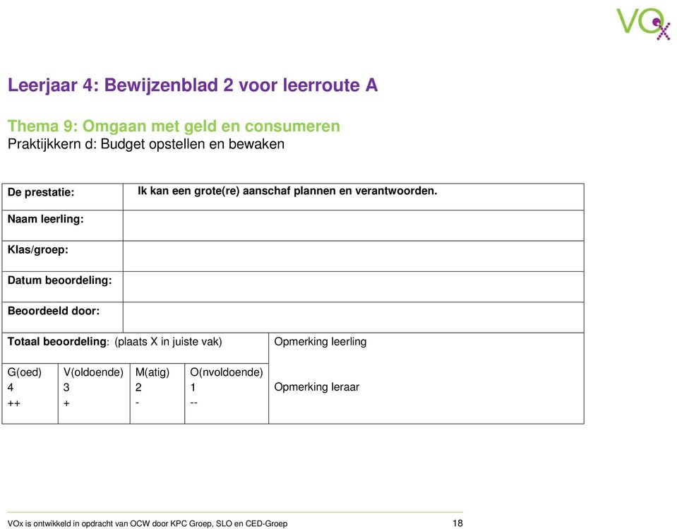 Naam leerling: Klas/groep: Datum beoordeling: Beoordeeld door: Totaal beoordeling: (plaats X in juiste vak) Opmerking