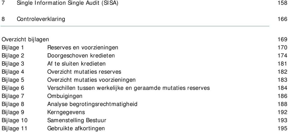 Overzicht mutaties voorzieningen 183 Bijlage 6 Verschillen tussen werkelijke en geraamde mutaties reserves 184 Bijlage 7 Ombuigingen 186