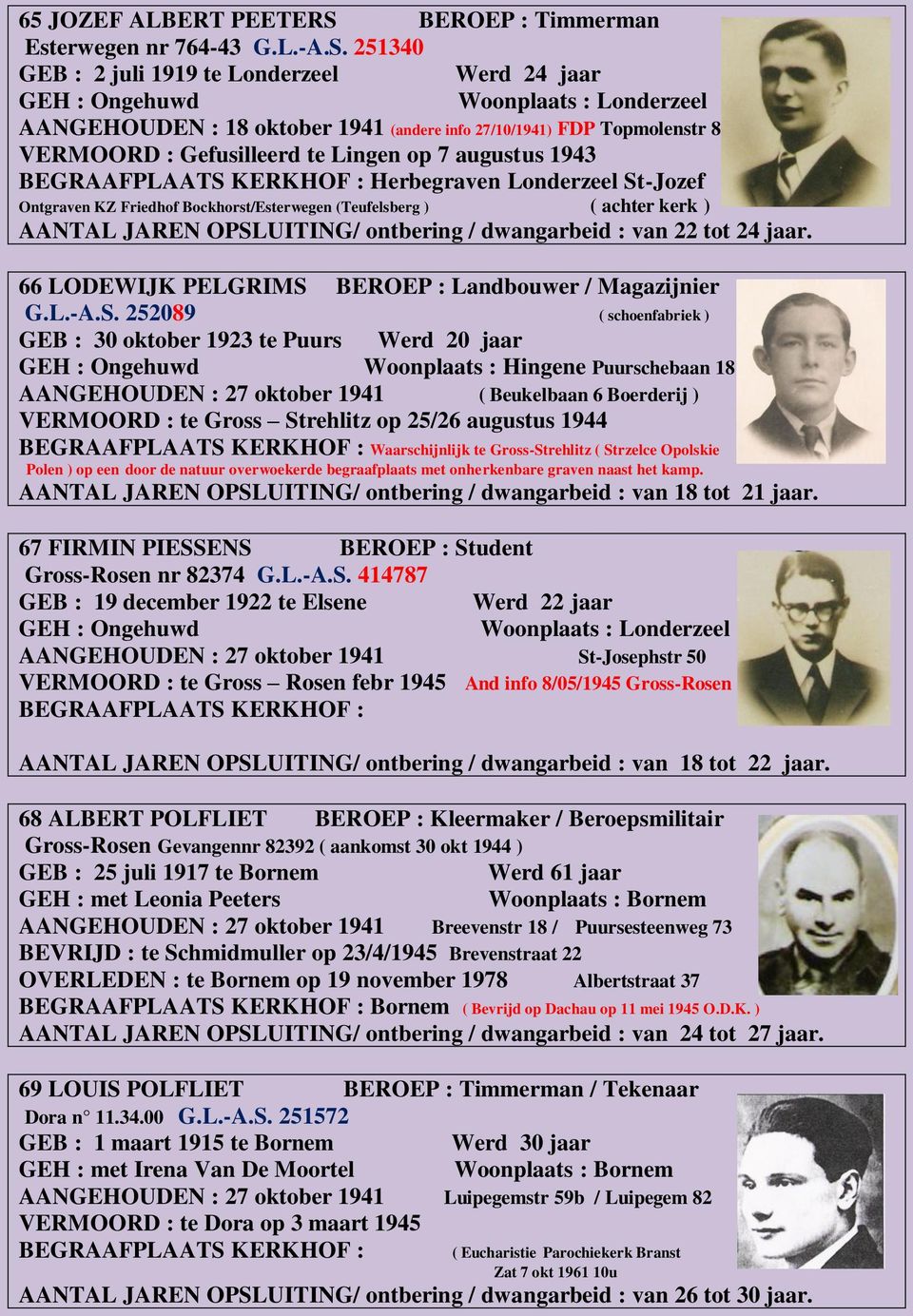 251340 GEB : 2 juli 1919 te Londerzeel Werd 24 jaar Woonplaats : Londerzeel AANGEHOUDEN : 18 oktober 1941 (andere info 27/10/1941) FDP Topmolenstr 8 VERMOORD : Gefusilleerd te Lingen op 7 augustus