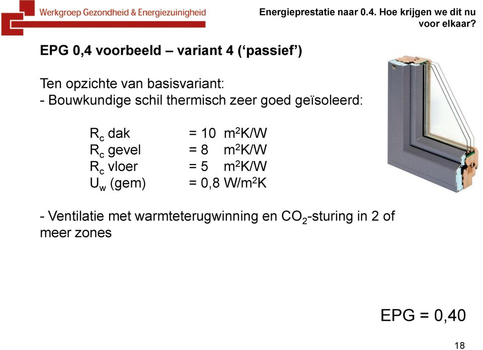 vloer = 5 m 2 K/W U w (gem) = 0,8 W/m 2 K Energieprestatie naar 0.4.