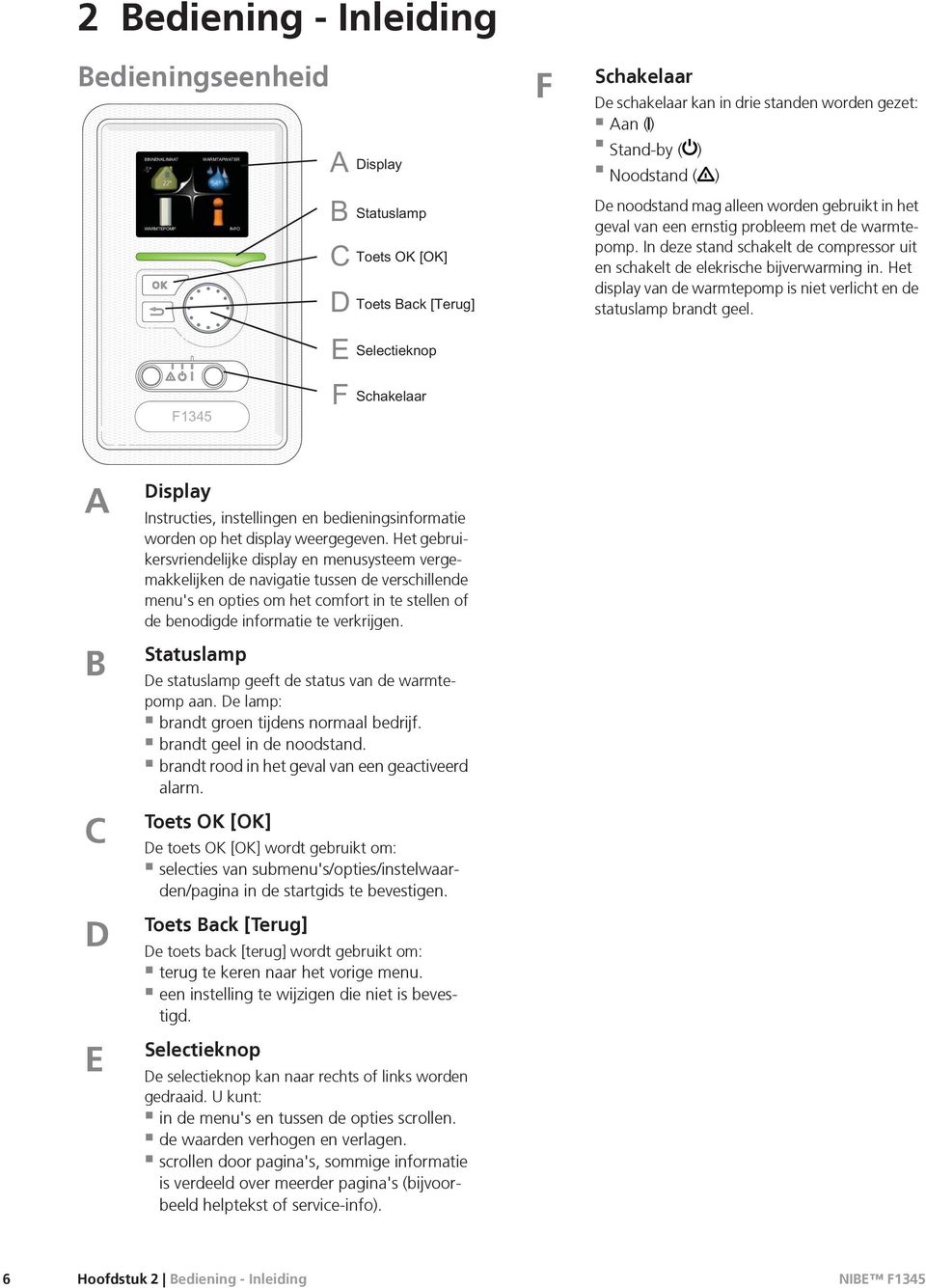 A B C D E Display Instructies, instellingen en bedieningsinformatie worden op het display weergegeven.