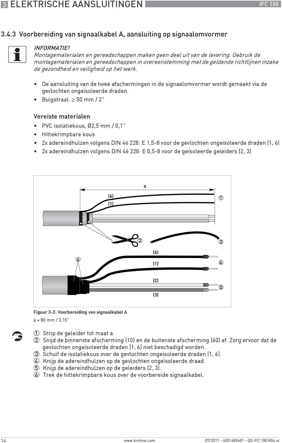 De aansluiting van de twee afschermingen in de signaalomvormer wordt gemaakt via de gevlochten ongeïsoleerde draden.