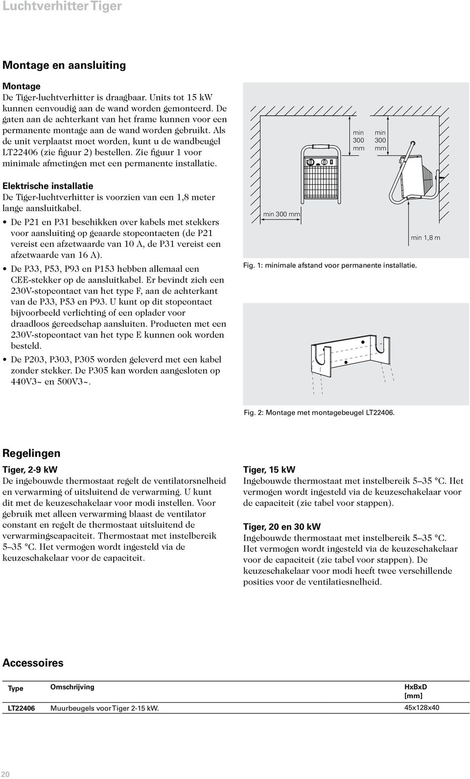 Zie figuur 1 voor minimale afmetingen met een permanente installatie. min 300 mm min 300 mm Elektrische installatie De Tiger-luchtverhitter is voorzien van een 1,8 meter lange aansluitkabel.