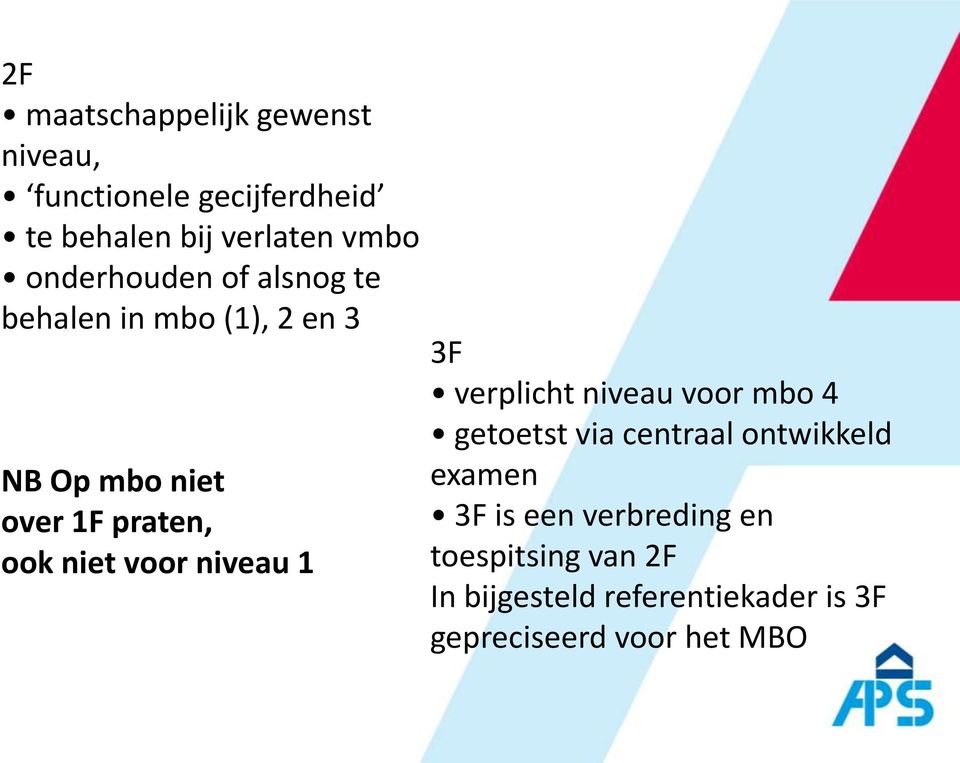 voor niveau 1 3F verplicht niveau voor mbo 4 getoetst via centraal ontwikkeld examen 3F is