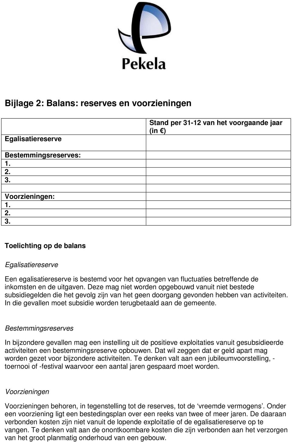 Voorzieningen: 1. 2. 3. Toelichting op de balans Egalisatiereserve Een egalisatiereserve is bestemd voor het opvangen van fluctuaties betreffende de inkomsten en de uitgaven.