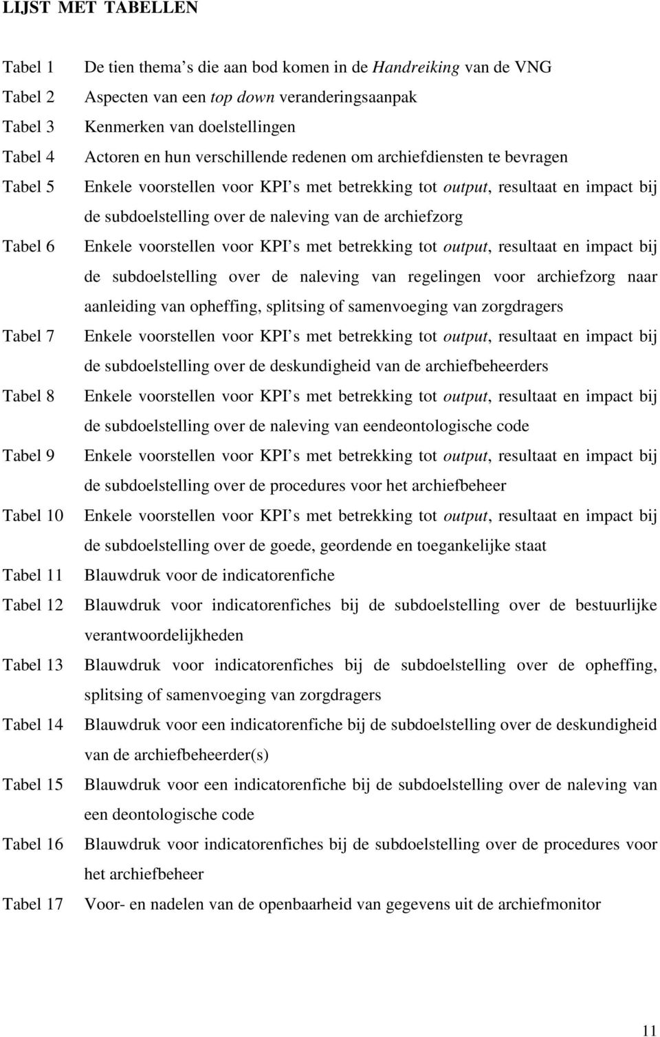 met betrekking tot output, resultaat en impact bij de subdoelstelling over de naleving van de archiefzorg Enkele voorstellen voor KPI s met betrekking tot output, resultaat en impact bij de