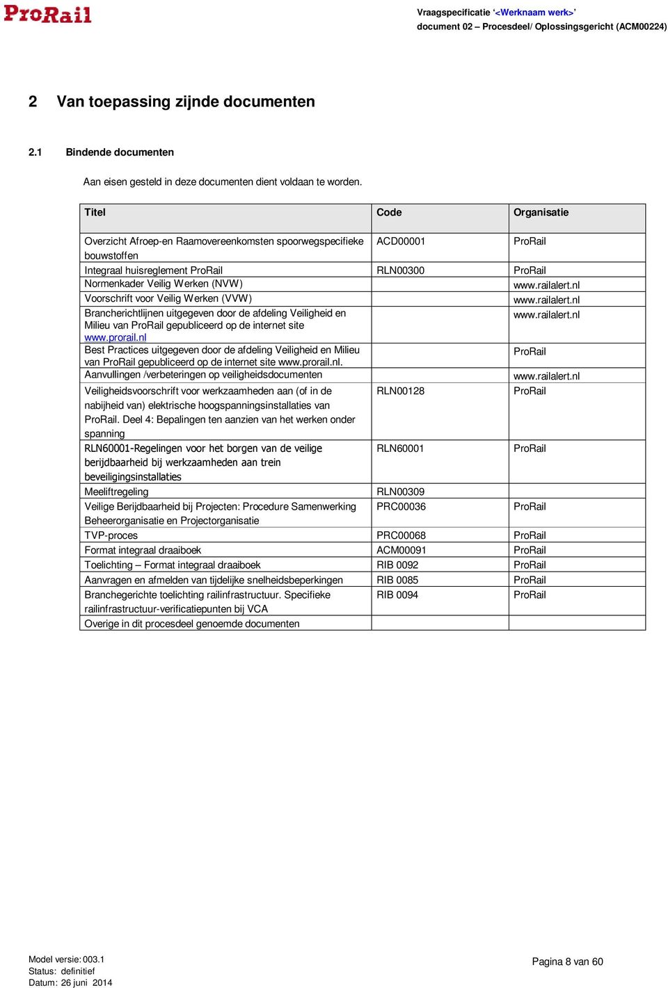 railalert.nl Voorschrift voor Veilig Werken (VVW) www.railalert.nl Brancherichtlijnen uitgegeven door de afdeling Veiligheid en www.railalert.nl Milieu van ProRail gepubliceerd op de internet site www.