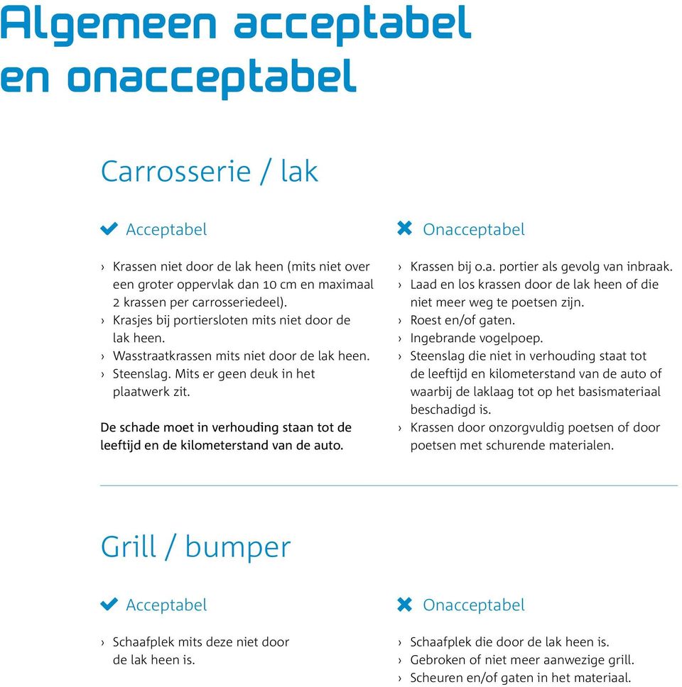 De schade moet in verhouding staan tot de leeftijd en de kilometerstand van de auto. Krassen bij o.a. portier als gevolg van inbraak.