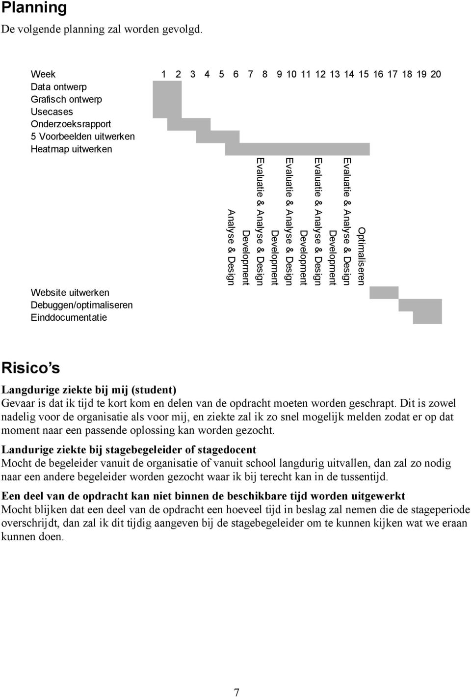 Einddocumentatie Analyse & Design Optimaliseren Risico s Langdurige ziekte bij mij (student) Gevaar is dat ik tijd te kort kom en delen van de opdracht moeten worden geschrapt.