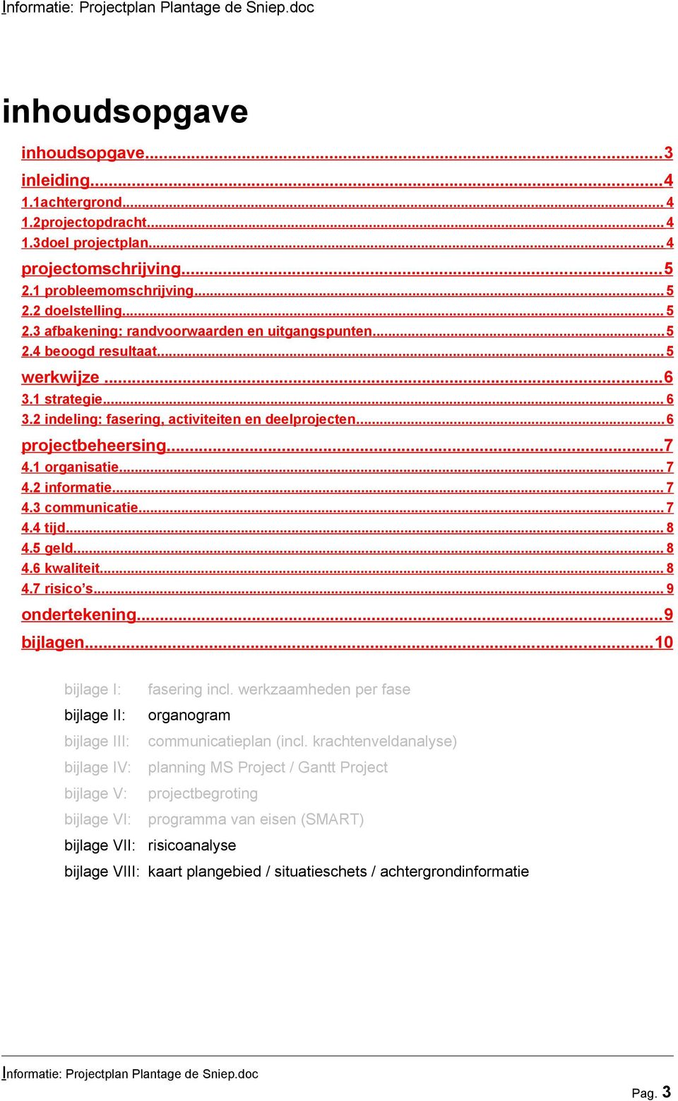 .. 7 4.4 tijd... 8 4.5 geld... 8 4.6 kwaliteit... 8 4.7 risico s... 9 ondertekening...9 bijlagen... 10 bijlage I: bijlage II: bijlage III: bijlage IV: bijlage V: bijlage VI: fasering incl.