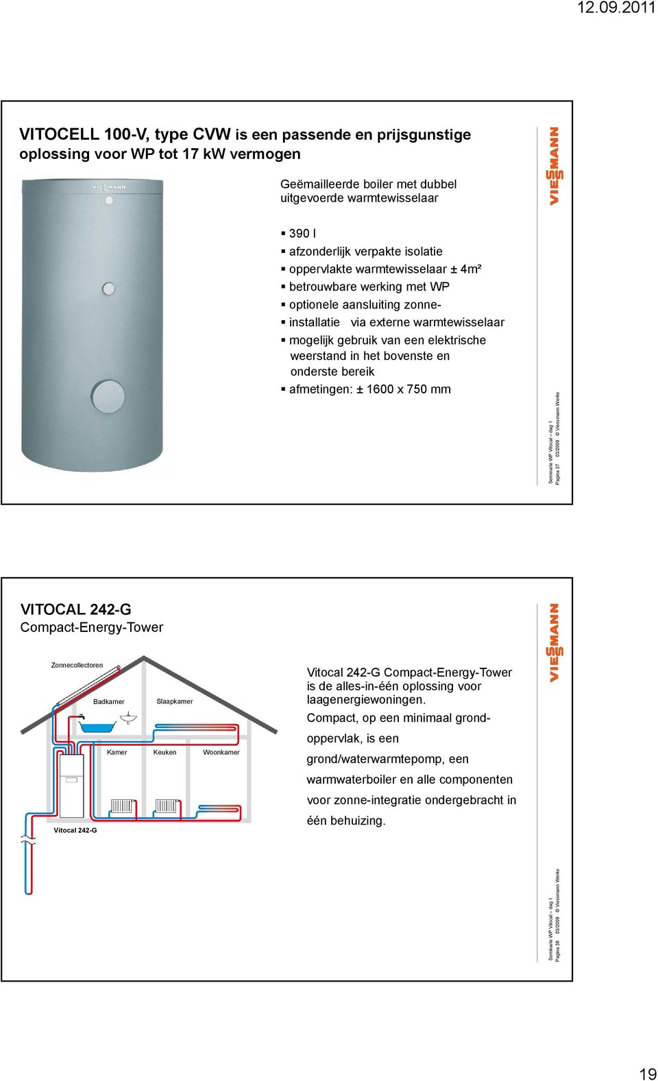 onderste bereik afmetingen: ±1600 x 750 mm Pagina 37 03/2009 Viessmann Werke VITOCAL 242-G Compact-Energy-Tower Zonnecollectoren Badkamer Slaapkamer Vitocal 242-G Compact-Energy-Tower is de