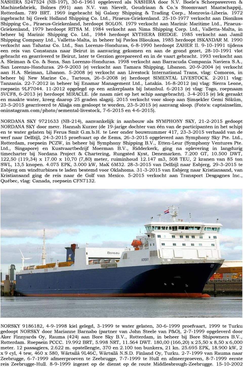 , Piraeus-Griekenland, herdoopt SOLON. 1979 verkocht aan Marinic Maritime Ltd., Piraeus- Griekenland, 1979 herdoopt RITSA M. 1984 verkocht aan Nima Shipping Corp. Ltd., Valletta-Malta, in beheer bij Marinic Shipping Co.