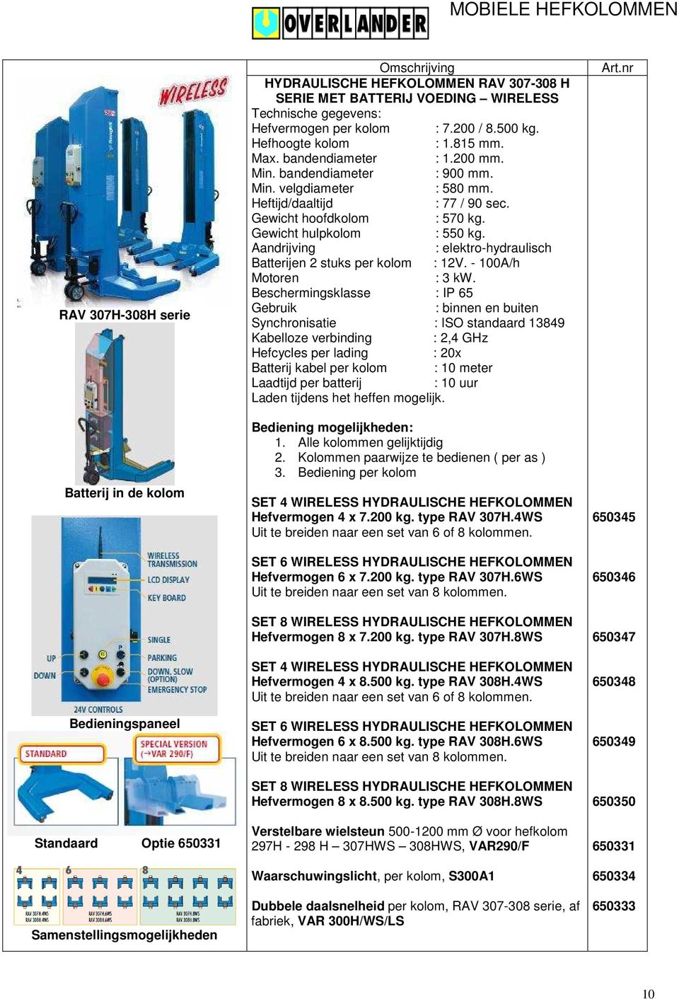 : elektro-hydraulisch Batterijen 2 stuks per kolom : 12V. - 100A/h en : 3 kw.