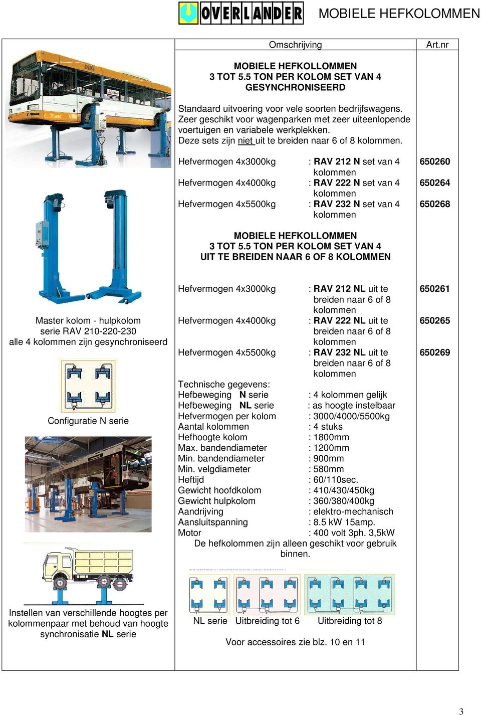 Hefvermogen 4x3000kg : RAV 212 N set van 4 Hefvermogen 4x4000kg : RAV 222 N set van 4 Hefvermogen 4x5500kg : RAV 232 N set van 4 650260 650264 650268 3 TOT 5.