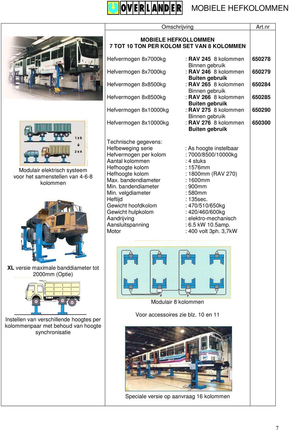 systeem voor het samenstellen van 4-6-8 Hefbeweging serie : As hoogte instelbaar Hefvermogen per kolom : 7000/8500/10000kg Aantal : 4 stuks : 1576mm : 1800mm (RAV 270) Max.