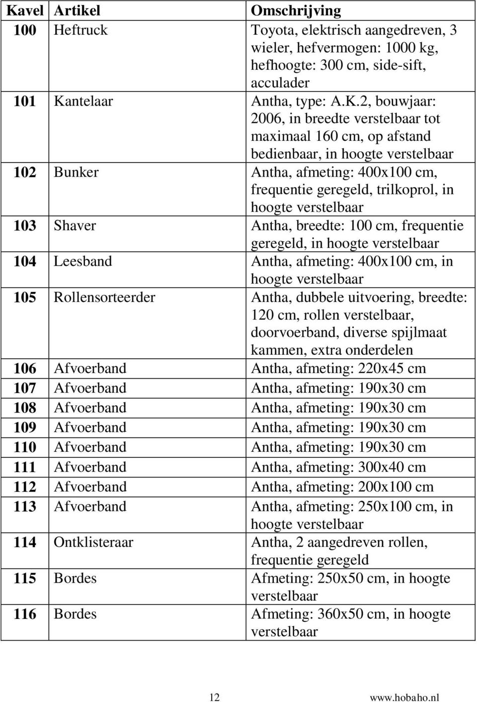 2, bouwjaar: 2006, in breedte verstelbaar tot maximaal 160 cm, op afstand bedienbaar, in hoogte verstelbaar 102 Bunker Antha, afmeting: 400x100 cm, frequentie geregeld, trilkoprol, in hoogte