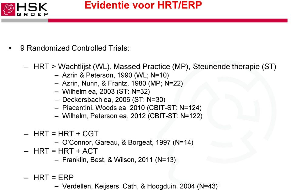 N=30) Piacentini, Woods ea, 2010 (CBIT-ST: N=124) Wilhelm, Peterson ea, 2012 (CBIT-ST: N=122) HRT = HRT + CGT O Connor, Gareau,