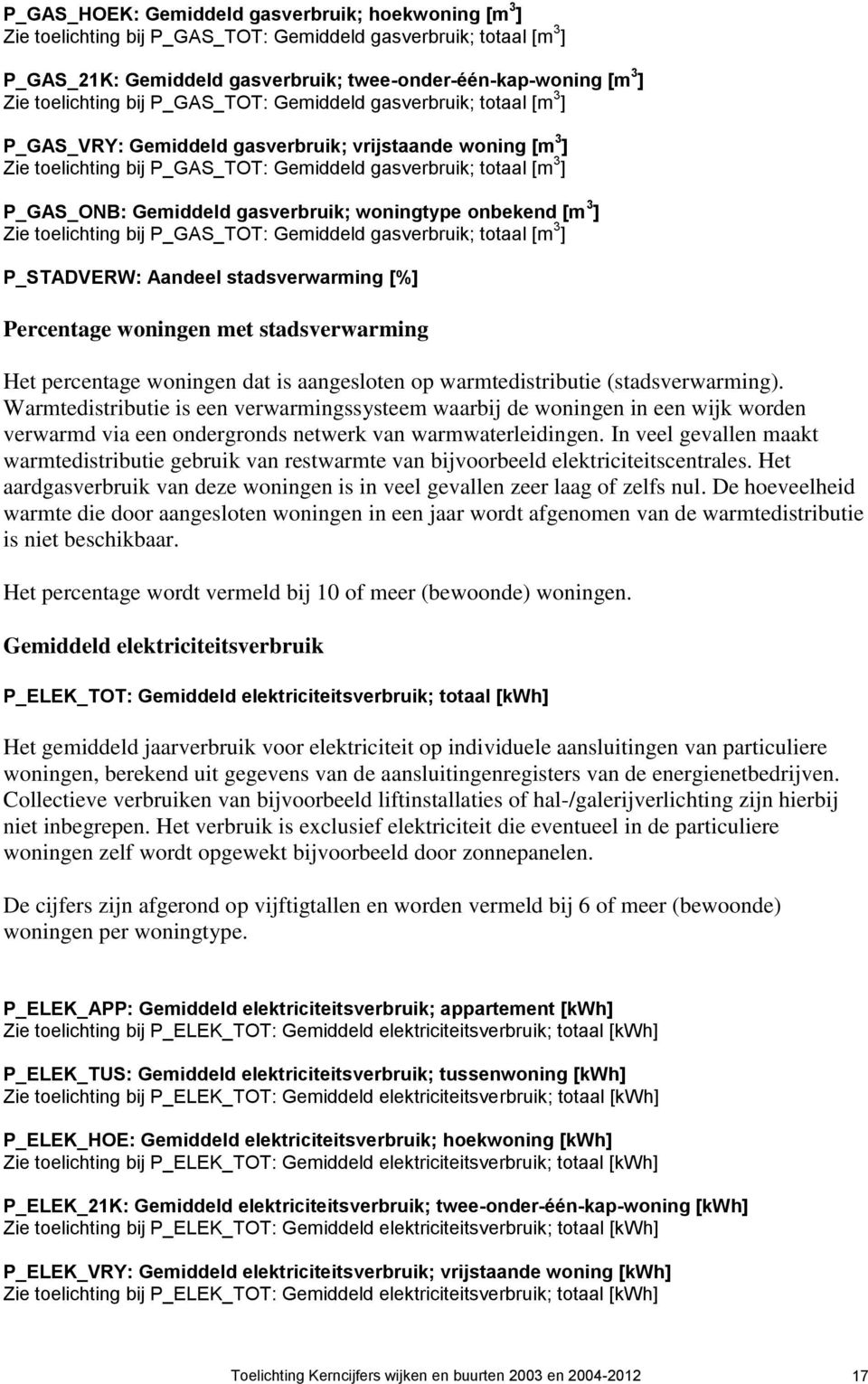 P_GAS_ONB: Gemiddeld gasverbruik; woningtype onbekend [m 3 ] Zie toelichting bij P_GAS_TOT: Gemiddeld gasverbruik; totaal [m 3 ] P_STADVERW: Aandeel stadsverwarming [%] Percentage woningen met