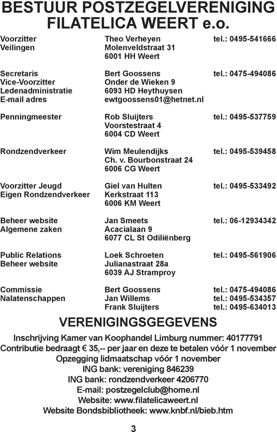 website Bert Goossens Onder de Wieken 9 6093 HD Heythuysen ewtgoossens01@hetnet.nl Rob Sluijters Voorstestraat 4 6004 CD Weert Wim Meulendijks Ch. v.