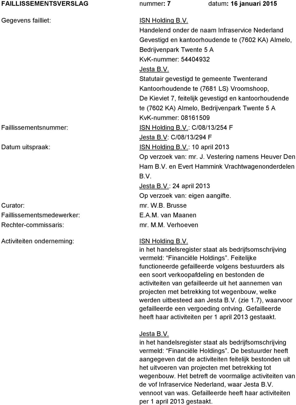 08161509 Faillissementsnummer: ISN Holding B.V.: C/08/13/254 F Jesta B.V: C/08/13/294 F Datum uitspraak: ISN Holding B.V.: 10 april 2013 Op verzoek van: mr. J. Vestering namens Heuver Den Ham B.V. en Evert Hammink Vrachtwagenonderdelen B.