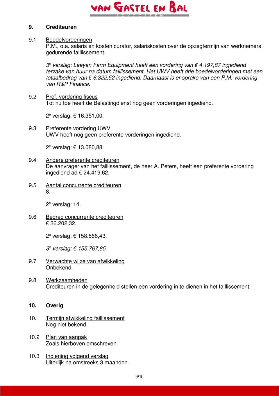 Daarnaast is er sprake van een P.M.-vordering van R&P Finance. 9.2 Pref. vordering fiscus Tot nu toe heeft de Belastingdienst nog geen vorderingen ingediend. 2 e verslag: 16.351,00. 9.3 Preferente vordering UWV UWV heeft nog geen preferente vorderingen ingediend.