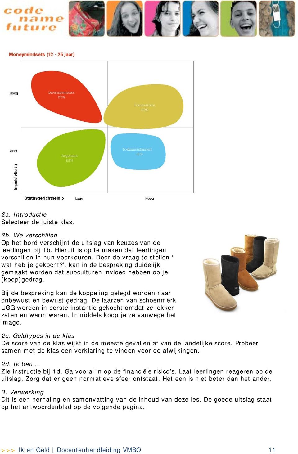 Bij de bespreking kan de koppeling gelegd worden naar onbewust en bewust gedrag. De laarzen van schoenmerk UGG werden in eerste instantie gekocht omdat ze lekker zaten en warm waren.