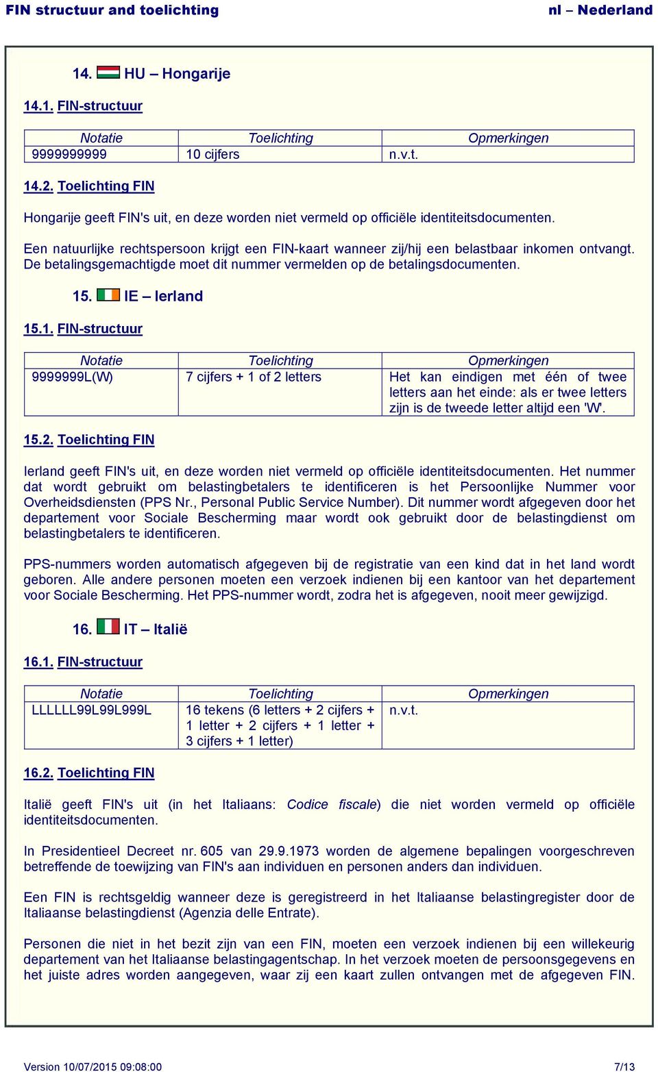 . IE Ierland 15.1. FIN-structuur 9999999L(W) 7 cijfers + 1 of 2 letters Het kan eindigen met één of twee letters aan het einde: als er twee letters zijn is de tweede letter altijd een 'W'. 15.2. Toelichting FIN Ierland geeft FIN's uit, en deze worden niet vermeld op officiële identiteitsdocumenten.