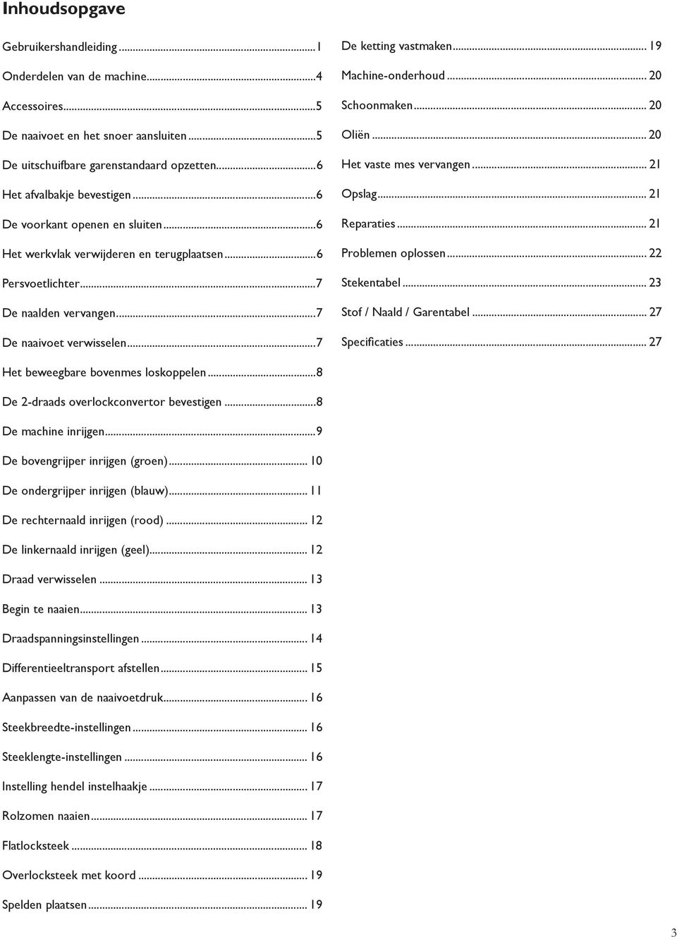 .. 20 Schoonmaken... 20 Oliën... 20 Het vaste mes vervangen... 21 Opslag... 21 Reparaties... 21 Problemen oplossen... 22 Stekentabel... 23 Stof / Naald / Garentabel... 2 Speci caties.