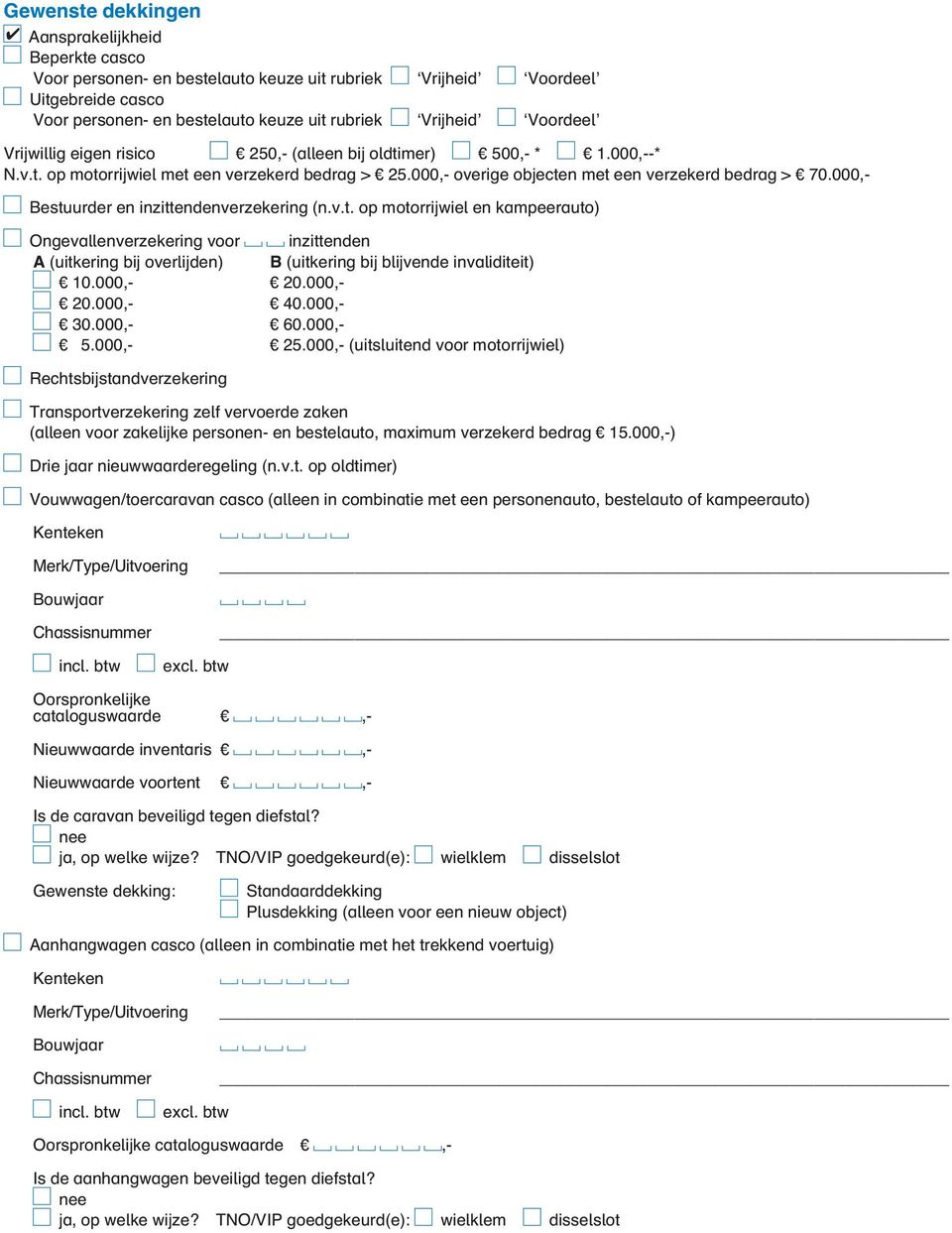 000,- Bestuurder en inzittendenverzekering (n.v.t. op motorrijwiel en kampeerauto) Ongevallenverzekering voor inzittenden A (uitkering bij overlijden) B (uitkering bij blijvende invaliditeit) 10.