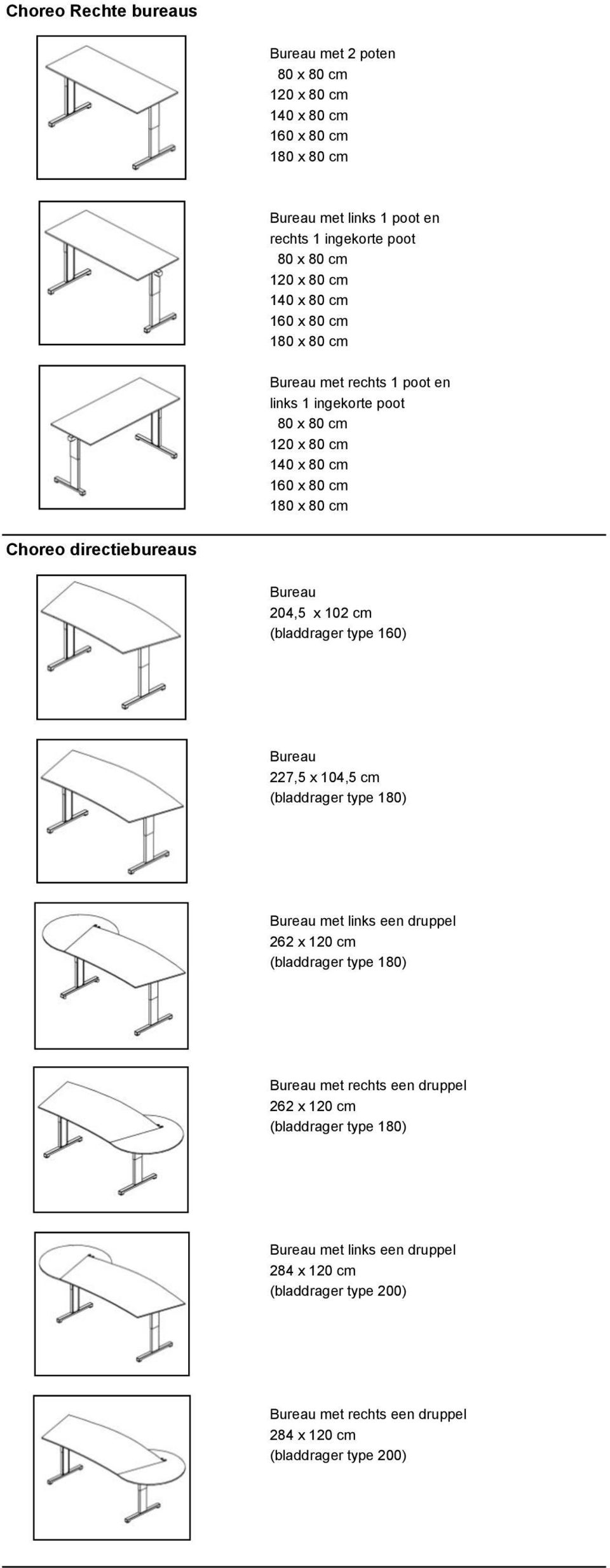 Bureau 204,5 x 102 cm (bladdrager type 160) Bureau 227,5 x 104,5 cm (bladdrager type 180) Bureau met links een druppel 262 x 120 cm (bladdrager type 180) Bureau met rechts