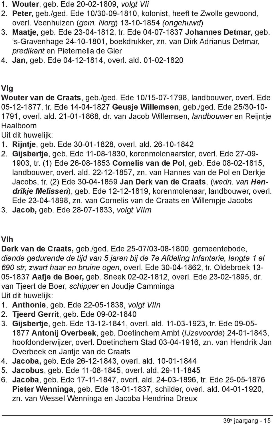 01-02-1820 VIg Wouter van de Craats, geb./ged. Ede 10/15-07-1798, landbouwer, overl. Ede 05-12-1877, tr. Ede 14-04-1827 Geusje Willemsen, geb./ged. Ede 25/30-10- 1791, overl. ald. 21-01-1868, dr.