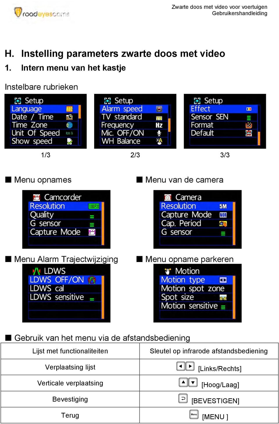 Trajectwijziging Menu opname parkeren Gebruik van het menu via de afstandsbediening Lijst met