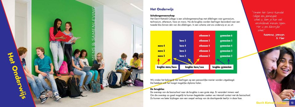 In een schema ziet ons onderwijs er zo uit: Omdat het Gerrit Rierveld College een gemengde school is, kom je hier veel verschillende mensen tegen. Het is een kleurrijke school.