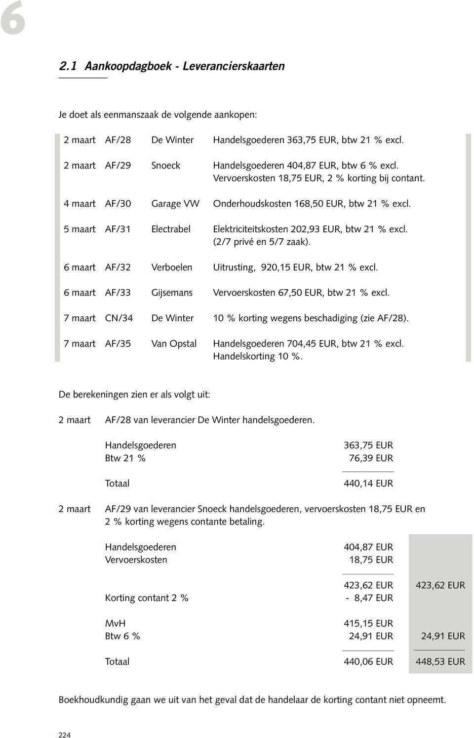 (2/7 privé en 5/7 zaak). 6 maart AF/32 Verboelen Uitrusting, 920,15 EUR, btw 21 % excl. 6 maart AF/33 Gijsemans Vervoerskosten 67,50 EUR, btw 21 % excl.