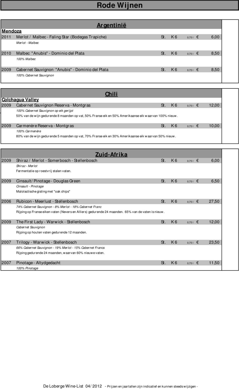 K 6 0,75 l 12,00 100% Cabernet Sauvignon op eik gerijpt Chili 50% van de wijn gedurende 8 maanden op vat, 50% Franse eik en 50% Amerikaanse eik waarvan 100% nieuw.