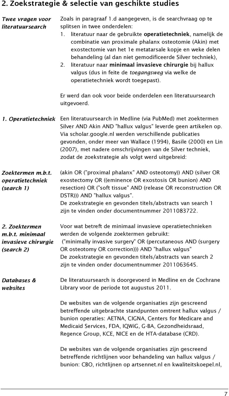 gemodificeerde Silver techniek), 2. literatuur naar minimaal invasieve chirurgie bij hallux valgus (dus in feite de toegangsweg via welke de operatietechniek wordt toegepast).