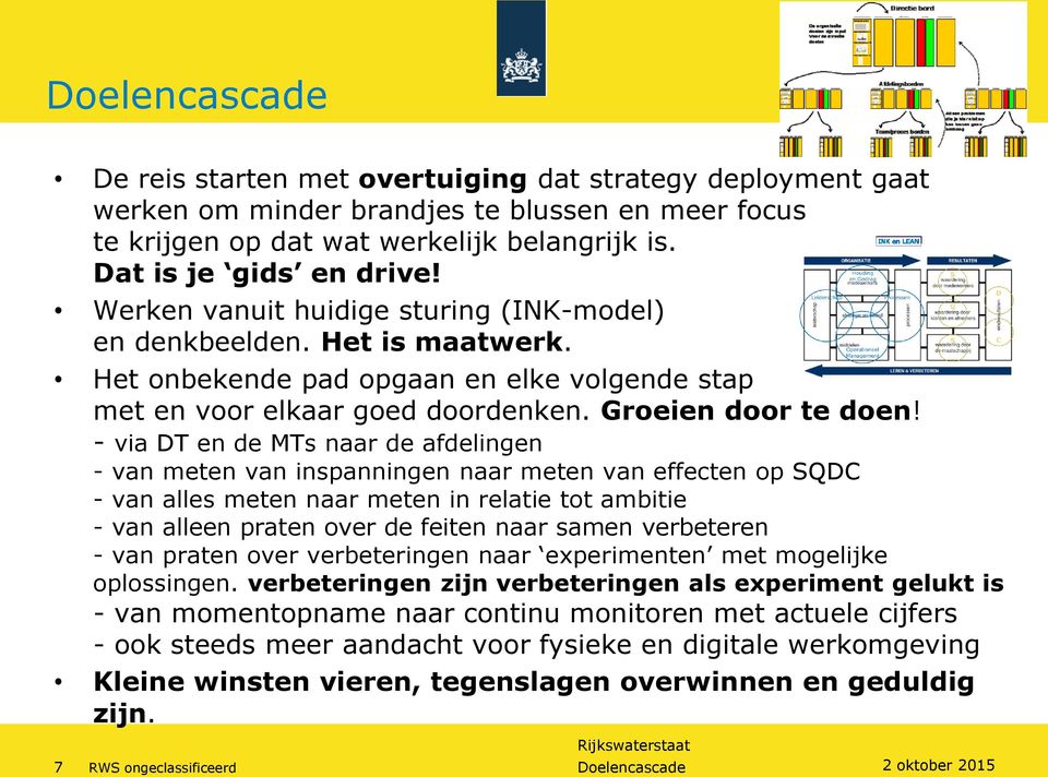 - via DT en de MTs naar de afdelingen - van meten van inspanningen naar meten van effecten op SQDC - van alles meten naar meten in relatie tot ambitie - van alleen praten over de feiten naar samen