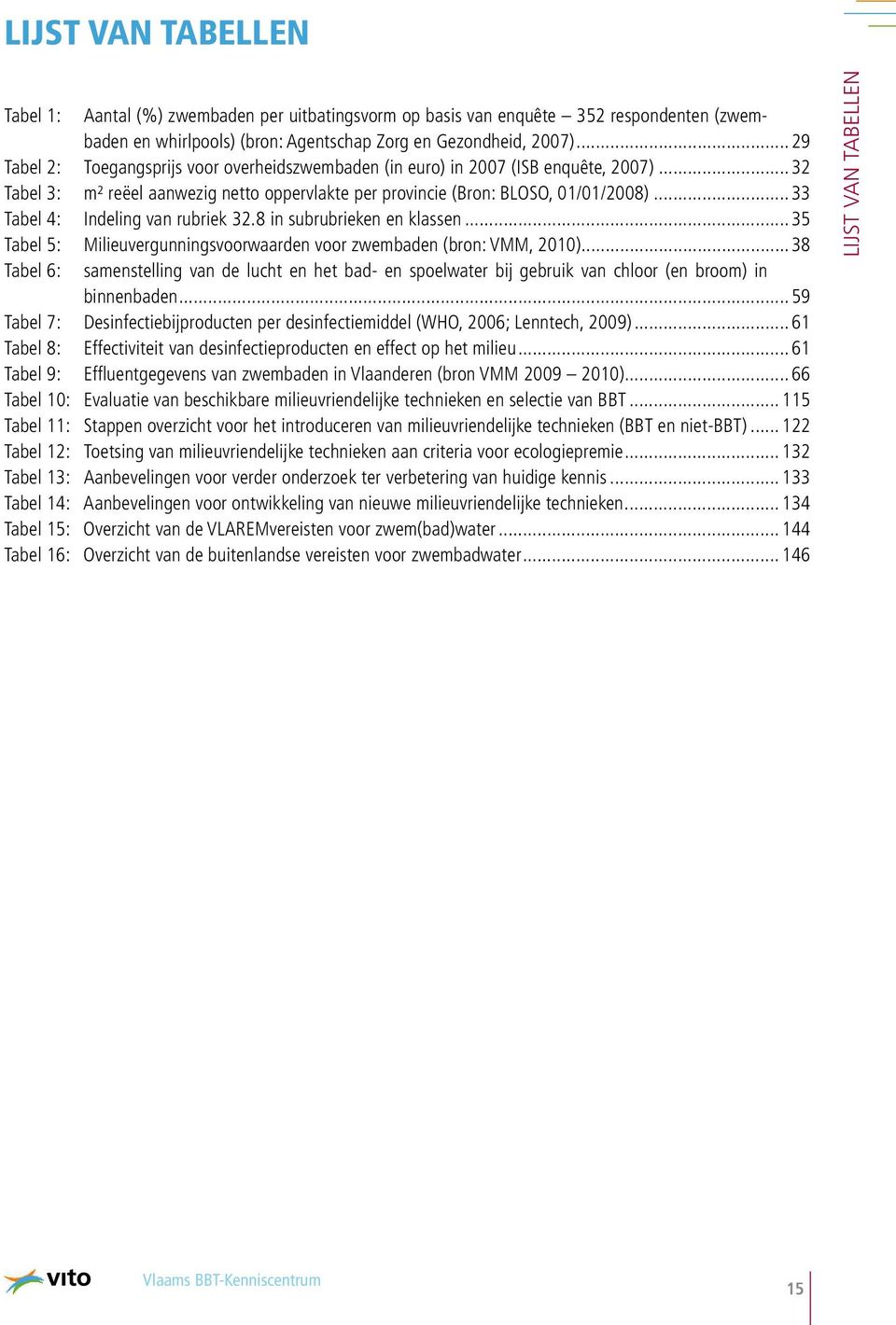 ..33 Tabel 4: Indeling van rubriek 32.8 in subrubrieken en klassen...35 Tabel 5: Milieuvergunningsvoorwaarden voor zwembaden (bron: VMM, 2010).