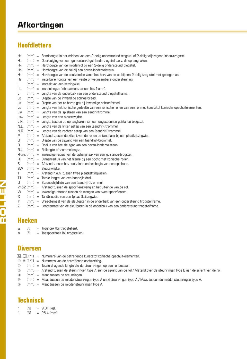 HO [mm] = Harthoogte van de rol bij een boven-ionderrolsteun. HR [mm] = Harthoogte van de asuiteinden vanaf het hart van de as bij een 2-delig trog stel met gebogen as.