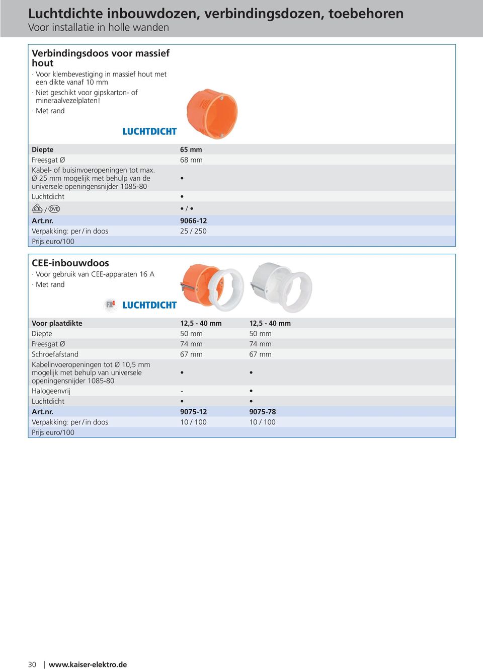 9066-12 verpakking: per / in doos 25 / 250 Cee-inbouwdoos voor gebruik van cee-apparaten 16 a Voor plaatdikte 12,5-40 mm 12,5-40 mm diepte 50 mm 50 mm Freesgat Ø 74 mm 74 mm