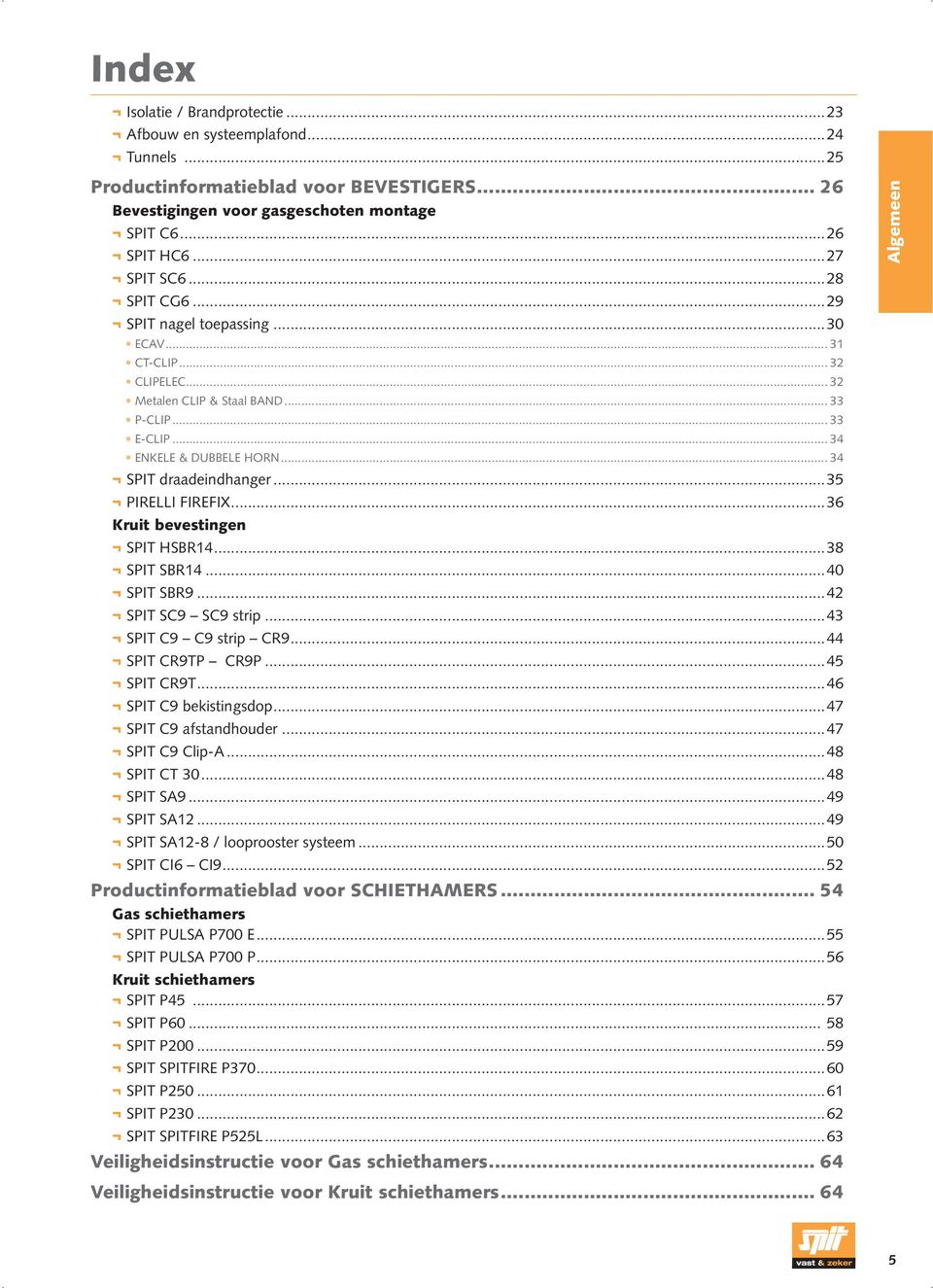 ..35 PIRELLI FIREFIX...36 Kruit bevestingen SPIT HSBR14...38 SPIT SBR14...40 SPIT SBR9...42 SPIT strip...43 SPIT C9 C9 strip CR9...44 SPIT CR9TP CR9P...45 SPIT CR9T...46 SPIT C9 bekistingsdop.